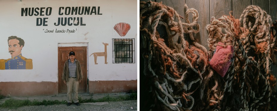 Man standing in front of a white building with hand drawn images and lettering say 'Museo Comunal De Jucul'. On the right; Khipus chords in a pile on a wooden table with a dusty pink pouch attached but resting on top.